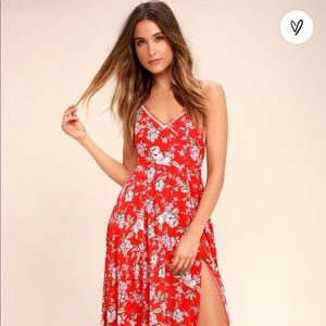 Lulu’s Esperanza Red Floral Print MIDI Dress: Size M